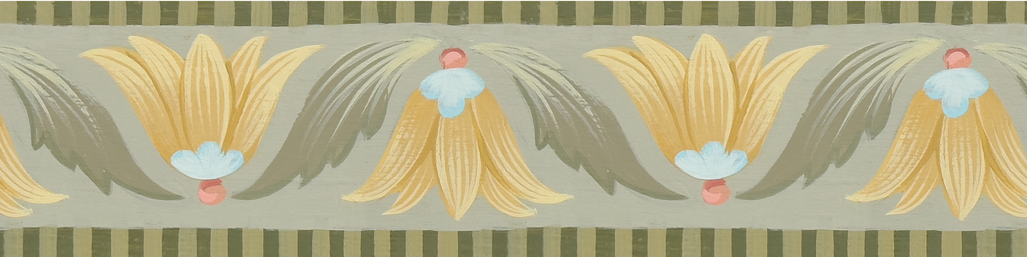 Decorative border with stylized floral designs on a striped background