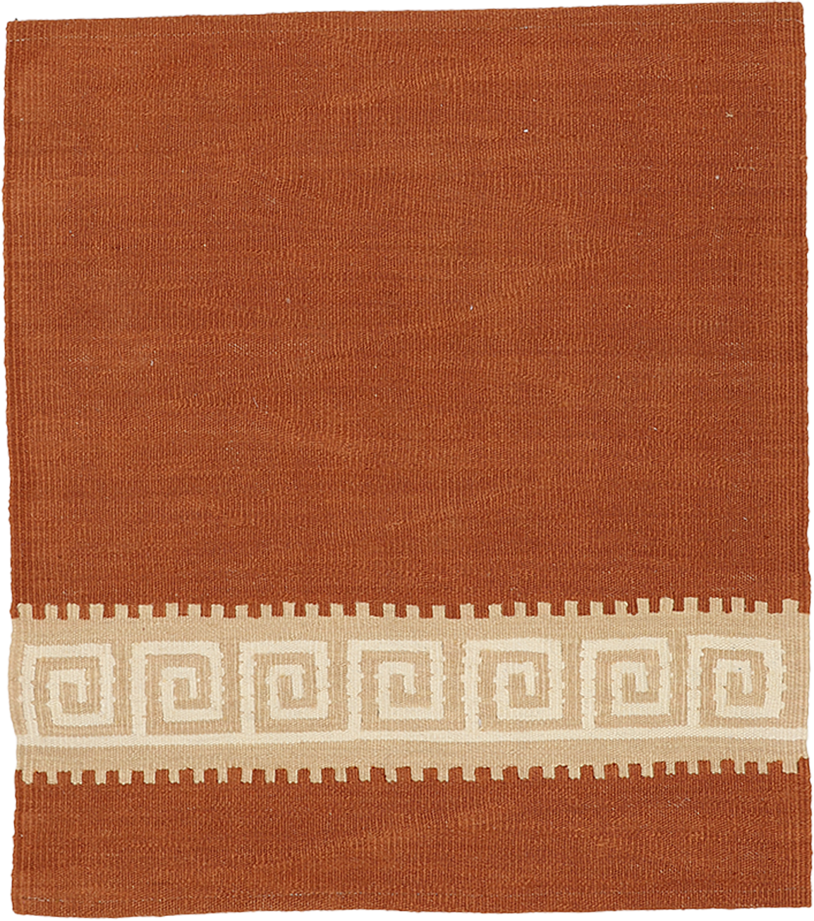 Brown rug with a decorative beige border featuring a geometric pattern
