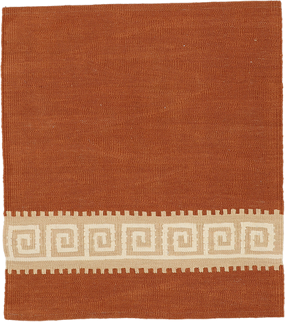 Brown rug with a decorative beige border featuring a geometric pattern