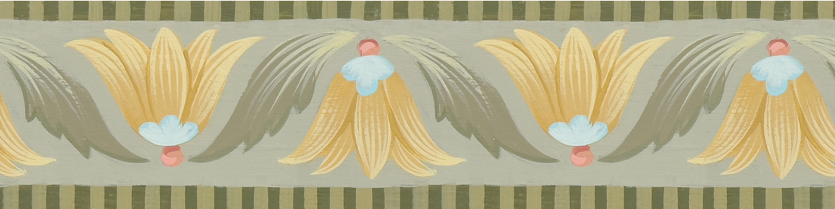Decorative border with stylized floral designs on a striped background
