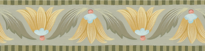 Decorative border with stylized floral designs on a striped background