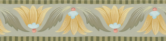 Decorative border with stylized floral designs on a striped background